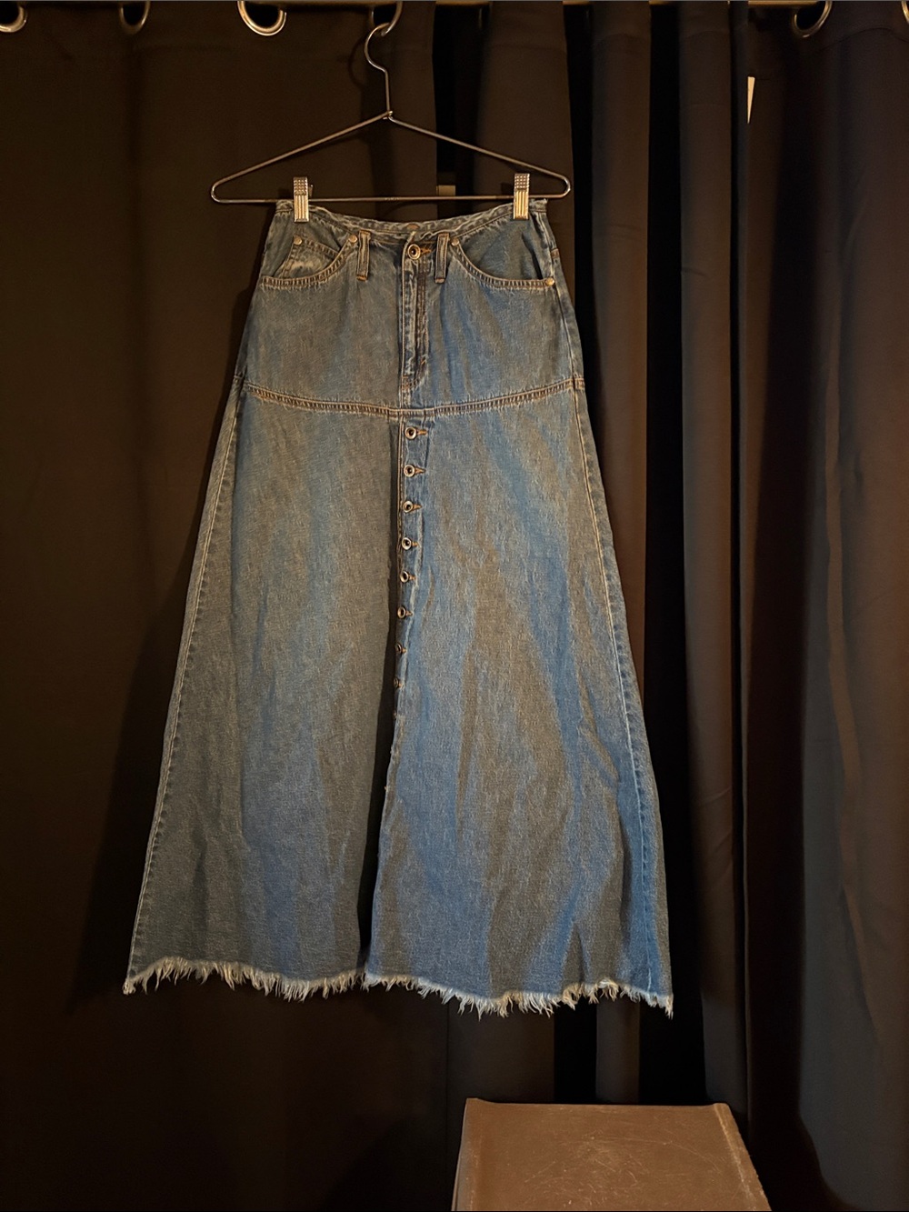 Denim A-Line Button-Front Maxi Skirt in Blue